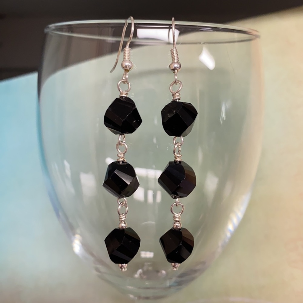 NEW Black geometric cut long earrings silver contemporary minimalist modern